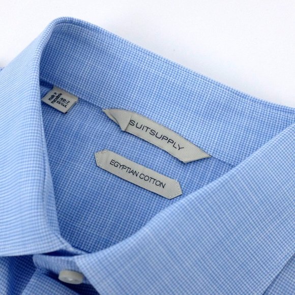 SuitSupply Blue Houndstooth Egyptian Cotton Button Up Dress Shirt Size 15 3/4 L - Picture 3 of 14